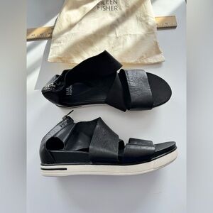 Eileen Fisher Black Leather Sport Sandals with White Sole